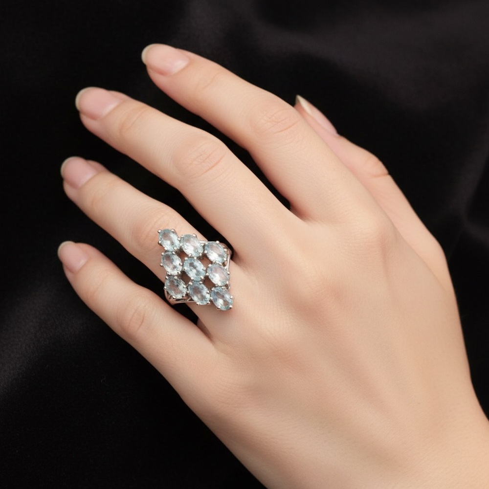 Blue Aquamarine Jewel Diamond Shaped Ring With Sterling Silver Band